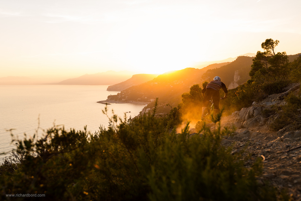 Sunset riding with Chris Ball after a day on the Finale Ligure's tracks.