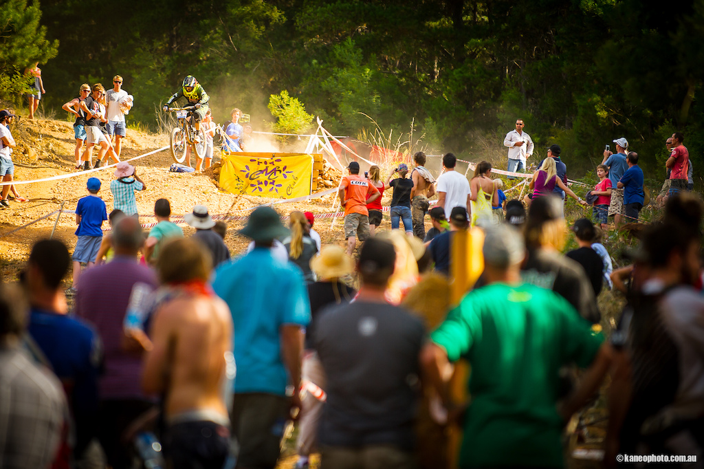 Connor on the last drop of the track. The loose gravel finish section was a spot where many threw away their race runs sliding or crashing out.