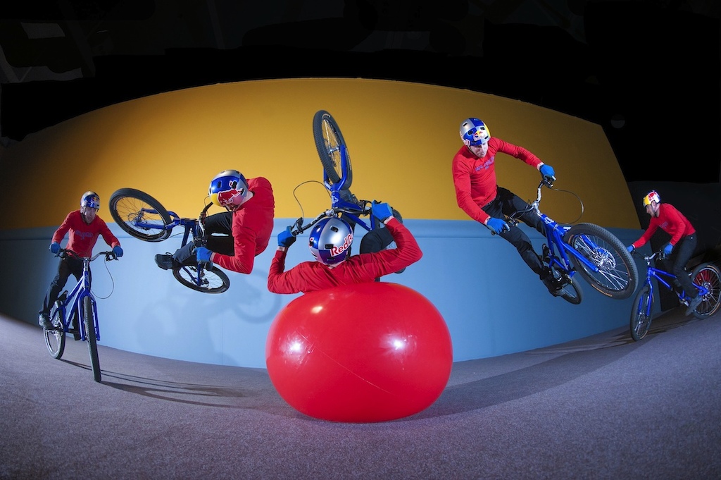 Danny MacAskill has fun with performing a 180 flip during the Imaginate filming in Glasgow, United Kingdom February 7th 2013 // Fred Murray
