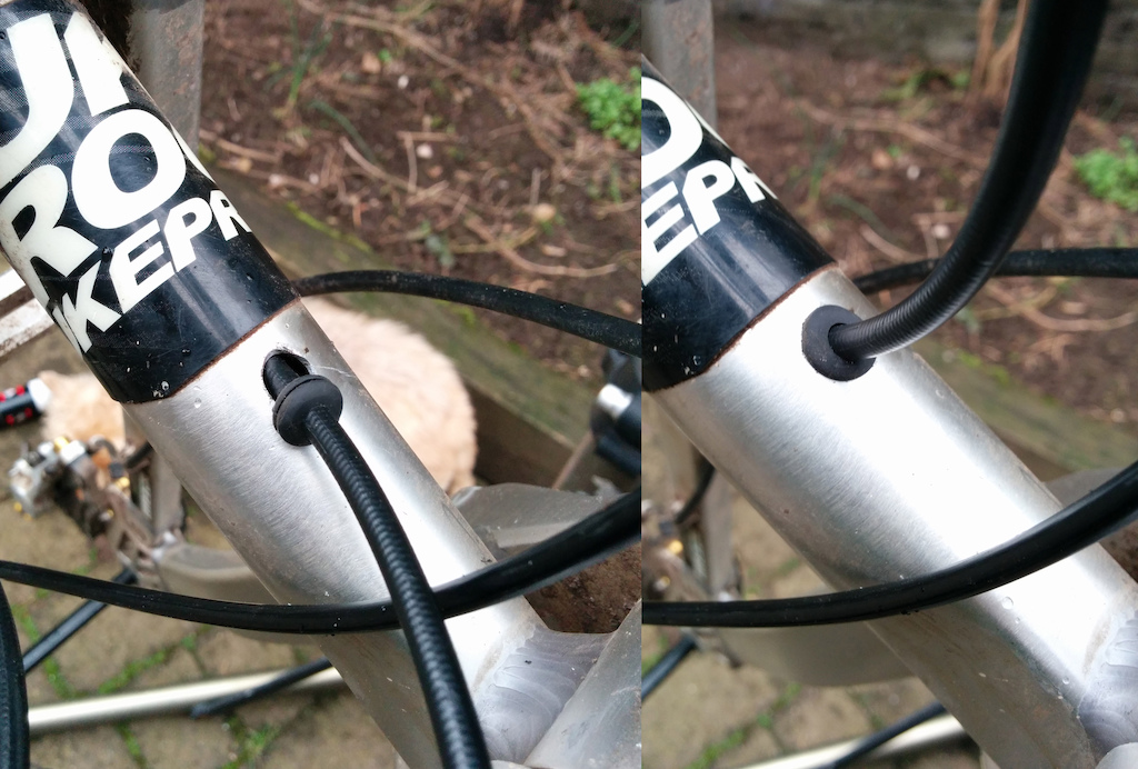 Self routing a stealth Reverb in a 2011 Nukeproof mega frame. 8mm hole, 8mm grommet.