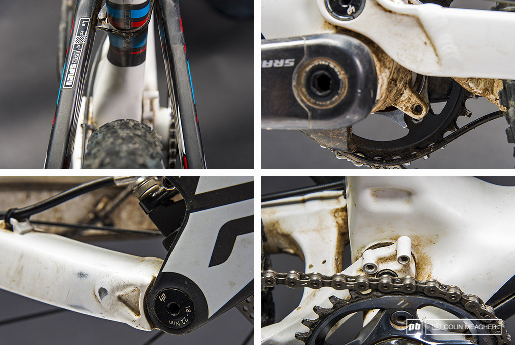 Details, details (clockwise from top left): the rear stays offer gobs of tire clearance--and also comes with a handy sag indicator. Note the asymmetrical nature of the seat tube as it descends toward the bottom bracket--the shape and the additional material stiffen both work to alleviate lateral flex in this critical area. The frame will also mount a chainguide to the ISCG 05 tabs on the underside of the bottom bracket shell. This is the same frame as the Zesty, so it's also set up to accommodate a front derailleur (thoughtfully mounted to the chain stay). Every single one of the pivots holds two oversized bearings held in place with a low torque collette system (as the retaining bolt is screwed in, a wedge expands, locking everything together).