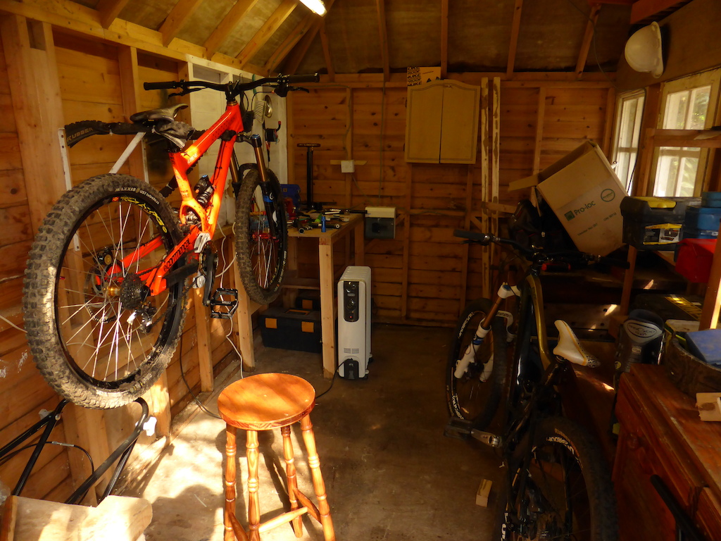 Full view of my workshop.  it is alarmed and bikes ground locked.