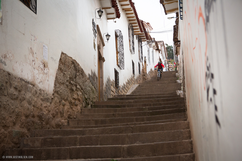 When the trail ends, the stairs begin. Garret Buehler making his way back into the city of Cusco.