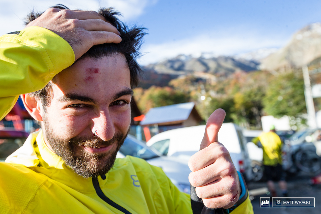 Iago Garay had a close call on track today but walked away smiling. Even a crash didn t dampen his enjoyment of the trail network here he was grinning from ear to ear come evening.