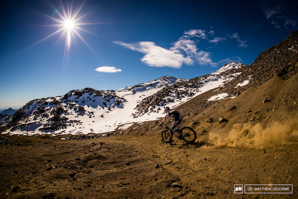 Walker Shaw bombing into Stage 6 among the the peaks and clear blue Chilean skies. Stage 6 is going to be the real crux here It s long it s fast and it gets super technical. Much could go wrong - it could make or break the race for some.