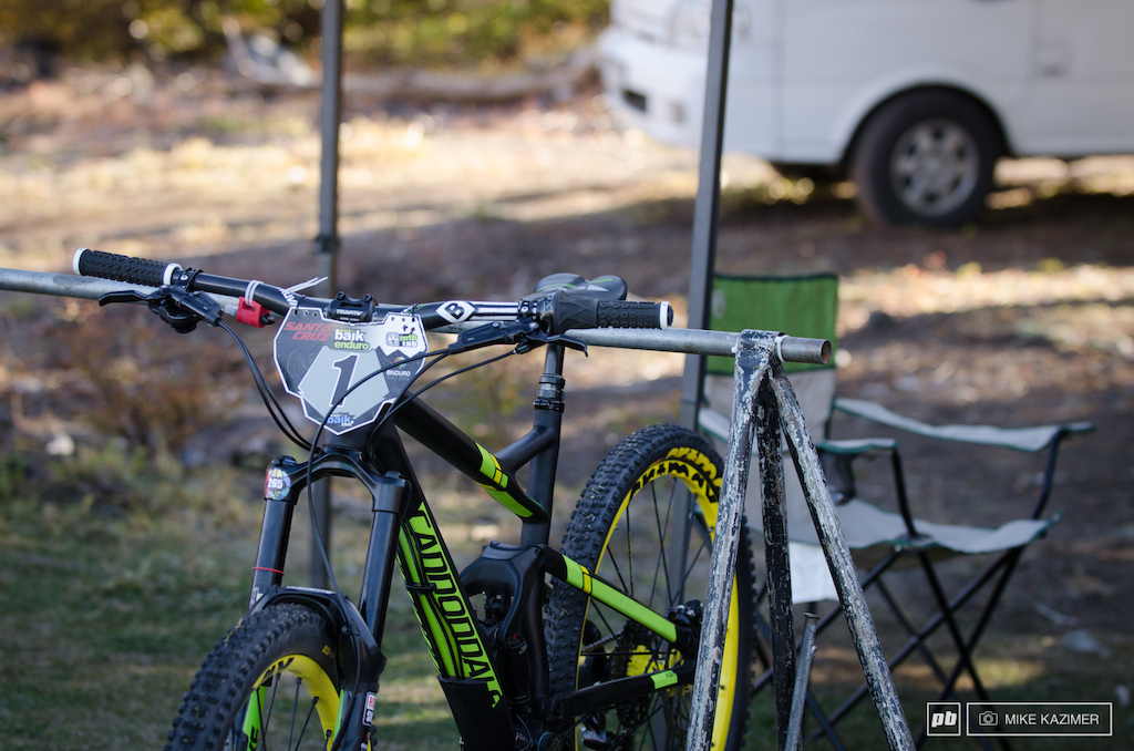 A number 1 plate goes to the reining Enduro World Champion - Jerome Clement. His Cannondale Jekyll was tuned and ready for the flying Frenchman's arrival.