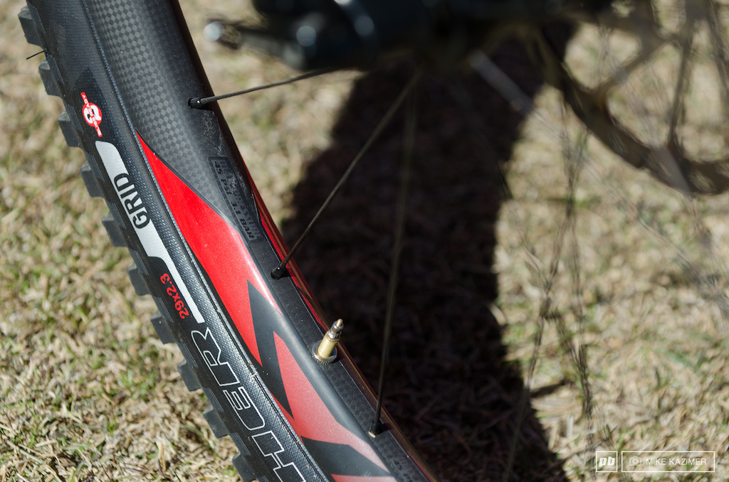 Curtis Keene had a set of yet-to-be-released Roval carbon rims on his Specialized Enduro 29. They look to be even wider than the current model, which has a 28mm external and 22mm internal width.