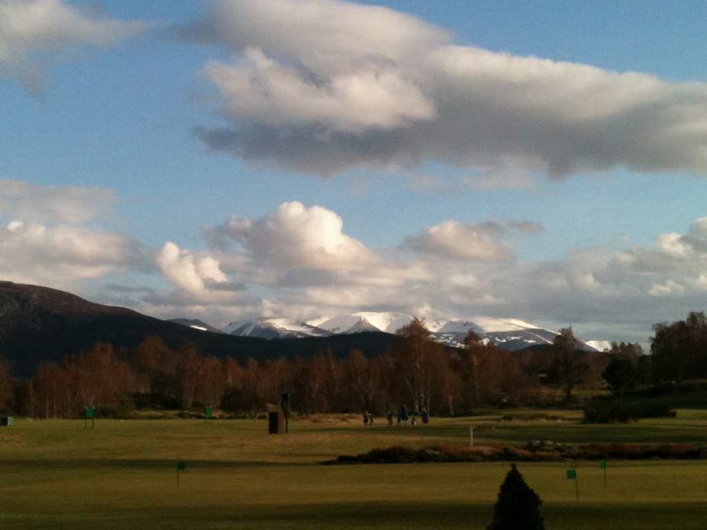 view of the Cairngorms from the Boat of Garten golf clubhouse