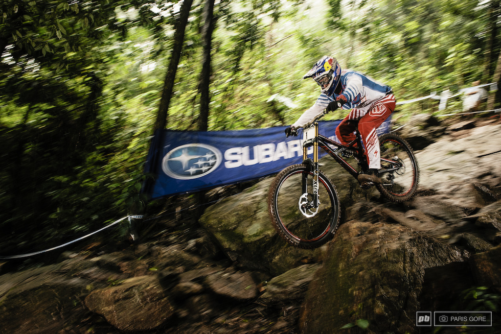 Aaron Gwin pinned through the rocks and looking to keep that #1 plate of his this weekend.