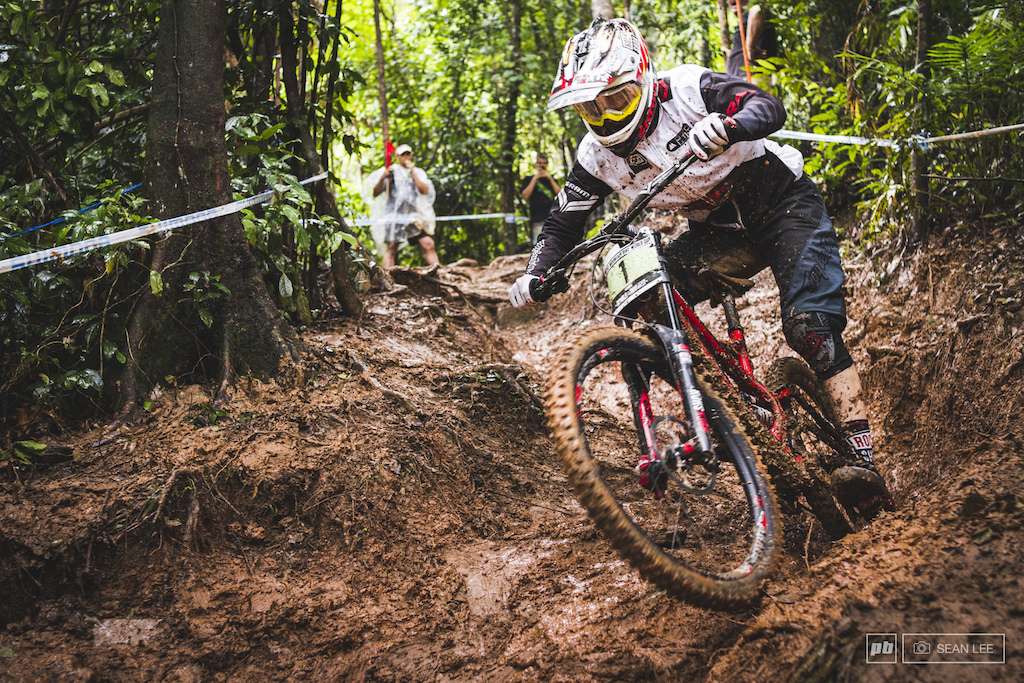 Luca Shaw battling the incredibly slippery, deep, and slow mud ruts