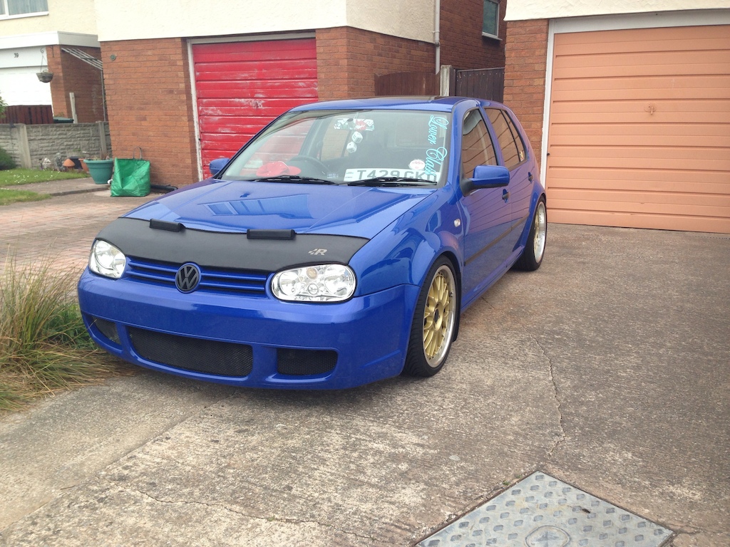 Mk4 golf jazz blue slammed stance air ride bags coilovers r32 bbs works vs-xx deep dish euro modified volkswagen vag bonnet bra