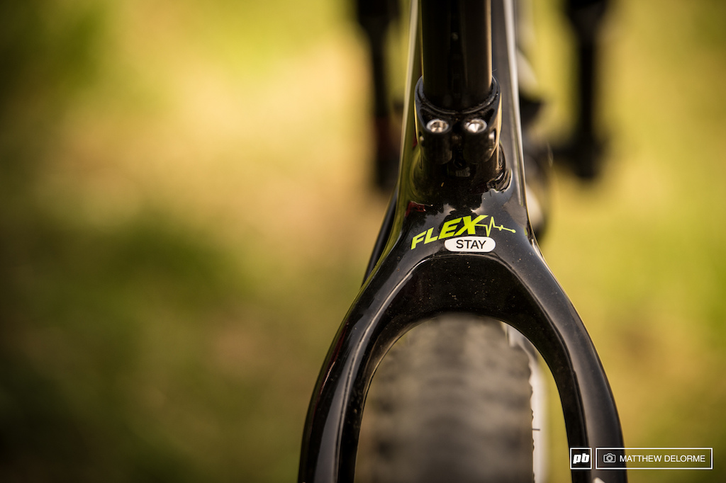 Merida s Flex Stay technology designed to give the bike a bit of the supple suspension feel in the rough stuff.