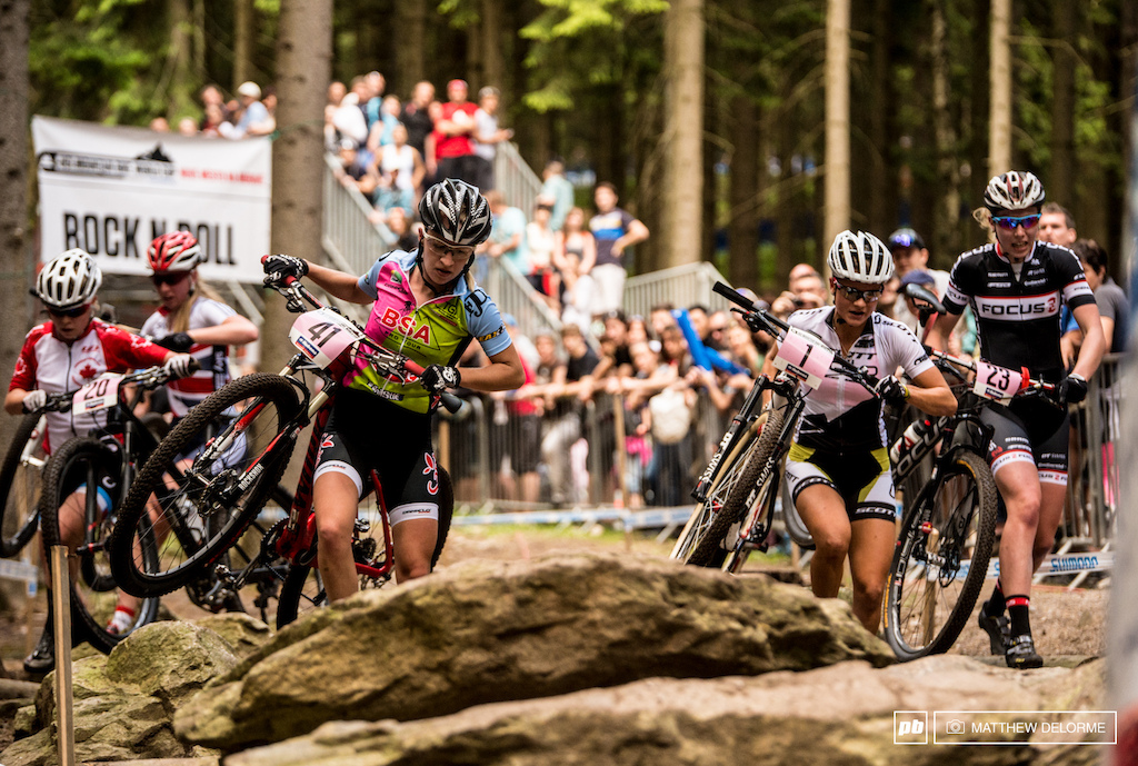 Aleksandra Podgorska got off line in Rock and Roll causing the dismount of six riders behind her. The flat rock garden had quite a crowd watching, but it pales in comparison to the mob that will take over the forest tomorrow. Nove Mesto has one of the largest most fanatical crowds on the schedule.