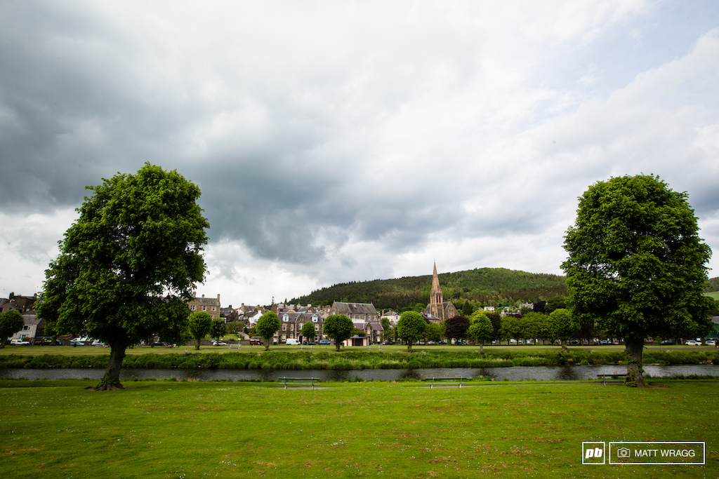 The unsuspecting town of Peebles. Right now the teams are busy putting the final touches to the pit on the far banks of the river Tweed. It s not going to look quite so tranquil when we get into town tomorrow morning...