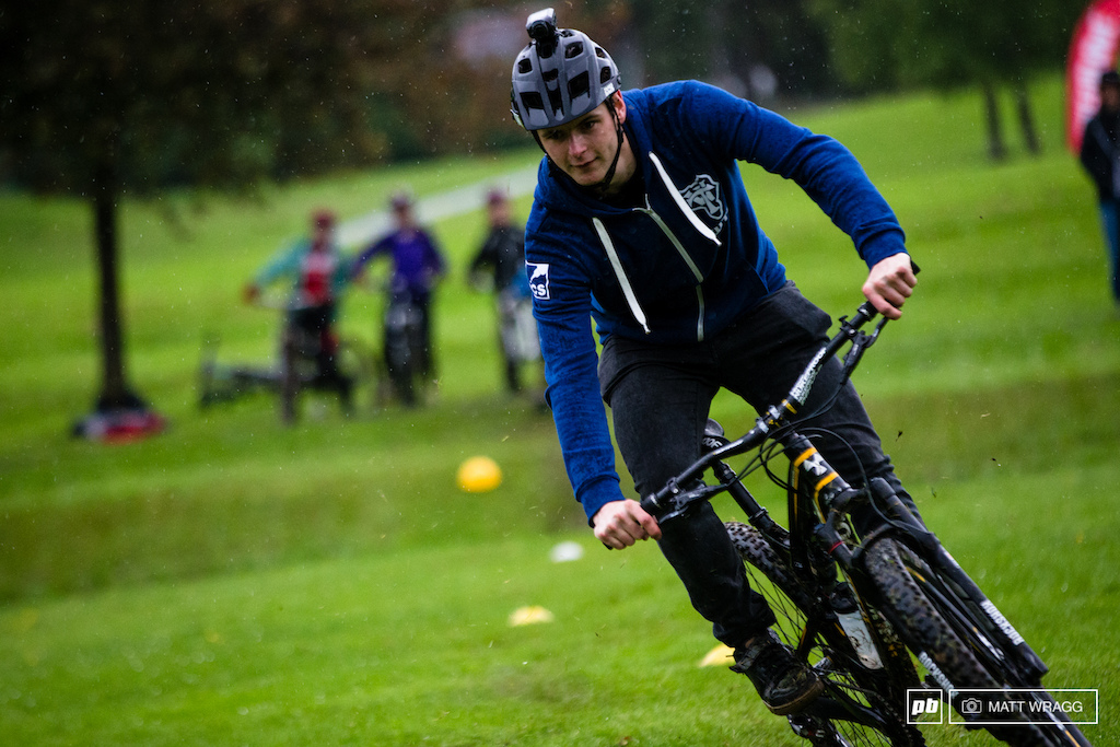 Nukeproofs Greg Callaghan was getting in some sprint practice racing between cones against 8 year old.