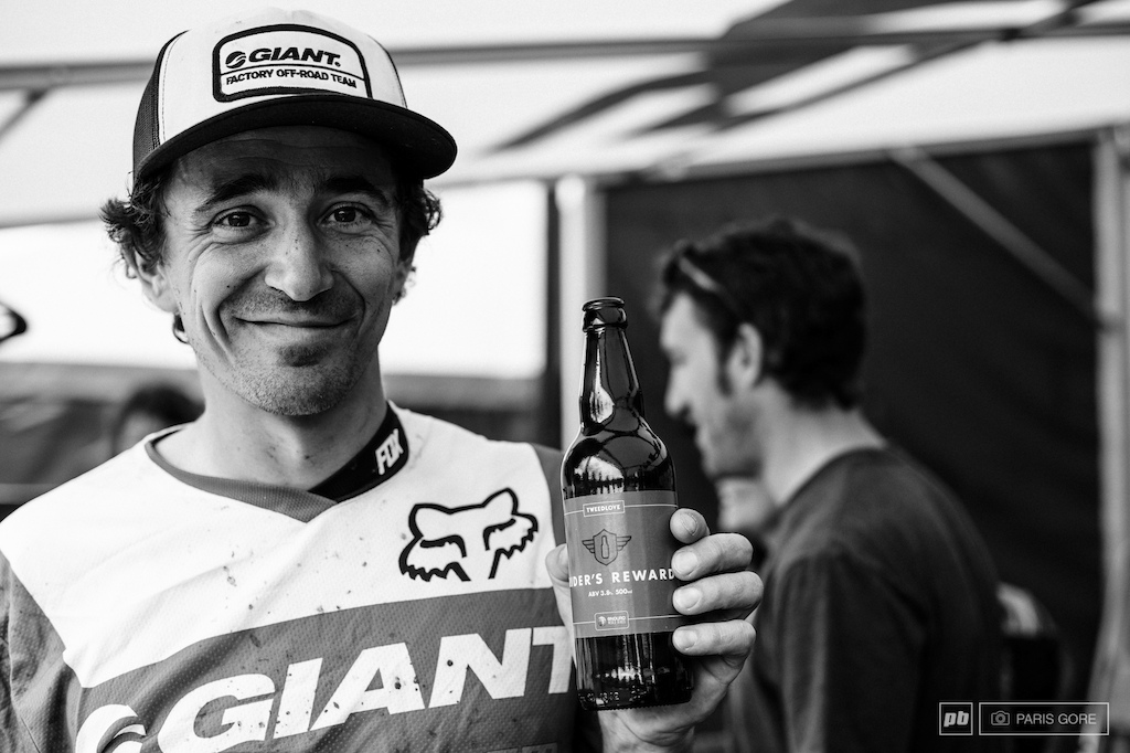 Adam Craig finishing off the last of his custom EWS beer earned with a lot of commitment this week.