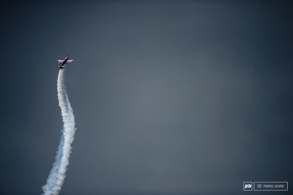 Red Bull Fighter Planes spiraling into the skies high above the Nevis Range.