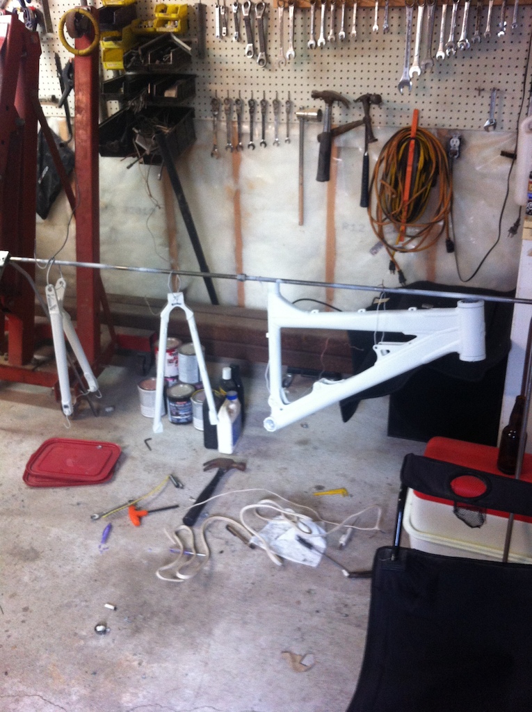 My Devinci Ollie getting painted white. So excited to ride it.