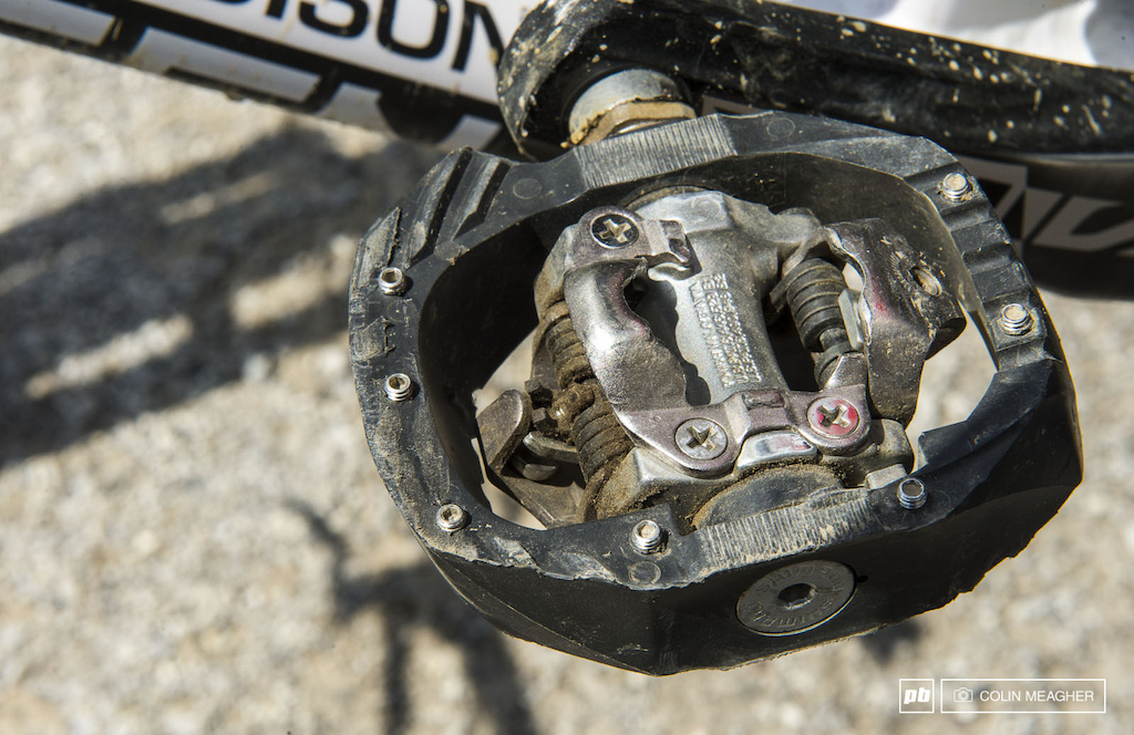 Shimano's new Clip DX pedal: actually, Matthew Simmonds of Saracen's custom pedal pins.