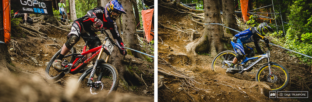 Two of the fastest riders in the world and two totally different styles.  Brook bulldogs his way around the rough outside, while Sam Hill exploits his ninja line far to the inside of everyone else.