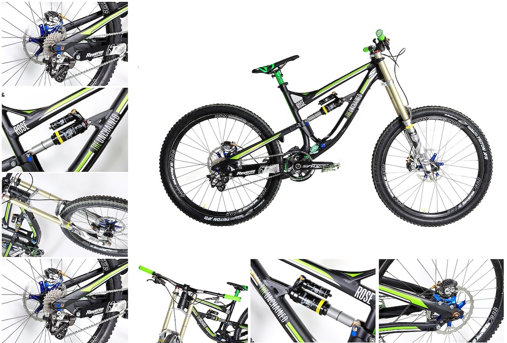 Thanks so much my Sponsor: RoseBikes Italia﻿ , Bsc Bikesuspensioncenter﻿ and Gravity Bike﻿ for built this amazing bike!!
Complete bike check here!
Frame: RoseBikes﻿ The unchained
Fork: X-Fusion RV1
Shox: X- Fusion Vector HRL Air 
HeadSet: Reverse Twist 
Handlebar: Reverse Triple X
Stem: Reverse Fast Lane
Grips: Reverse Spin
Groupset: Shimano MTB﻿ Saint
Chain: Reverse Race SL 38T
Chain Guide: Reverse X1-B 
Pedals: Reverse Escape 
Wheels: Reverse DH 934
Tyres: Rubena﻿ Triton XFR
Brakes: Shimano Saint
Disc: Reverse 203 mm
Seat: Reverse Fort Will Style 
Seatpost: Reverse Style lite
Weight: 16.1 kg !!