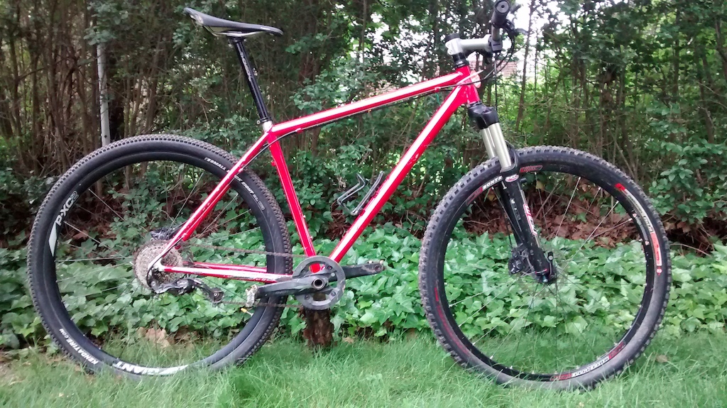 My old "BikeIsland.com" 4130 steel 29er. This frame/fork combo only cost $360 with headset, and I built the bike for under $600. Rode it for almost 6 years (2008-2014) in 1x9 format. Looks awkward but it rode great. 28.65lbs with pedals and tubes.