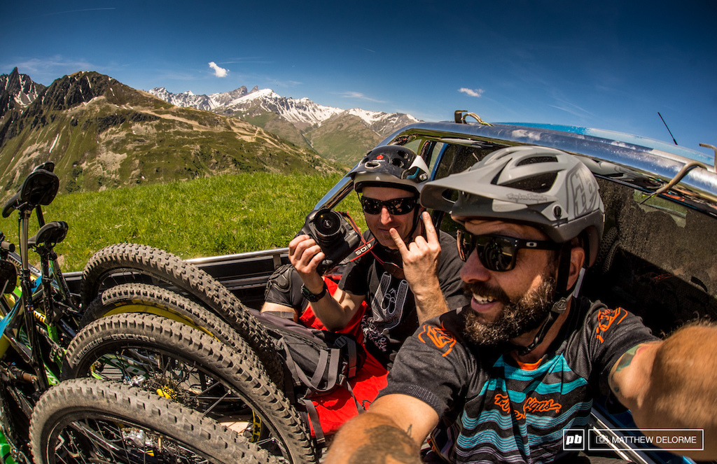 Stoke level 13. Headed up for the media-squid stage previews with Vanja Kodermac. Some of the best riding I've ever experienced in these mountains.