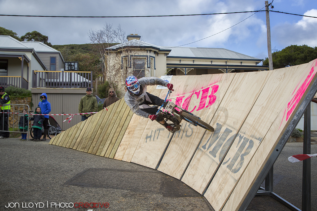 Dane hits the wall - just like it says.  MCB Wall Ride at the Albany Urban Downhill