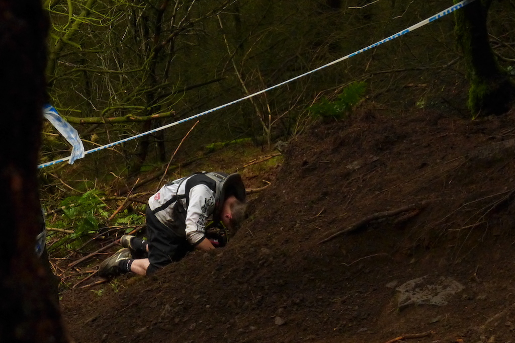 Rider down on one of the steepest sections of the steepest track in the UK