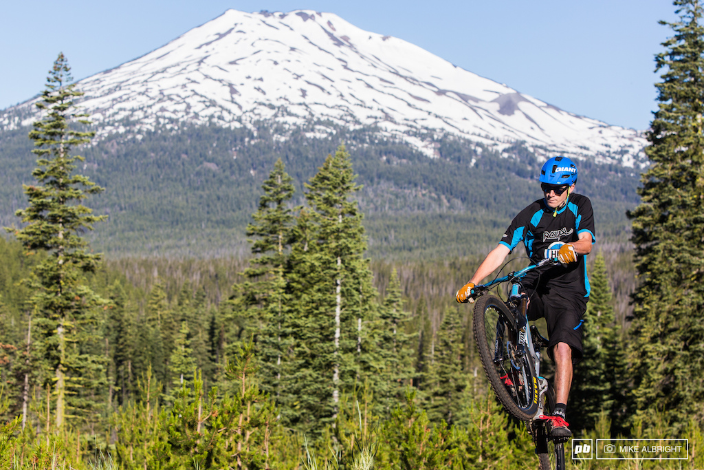 Alex Grediagin in front of Mt. Bachelor less than 20 miles from the town of Bend Oregon. Mt. bachelor will host the 2015 16 USA Cycling Enduro National Championships on new trails right up there.