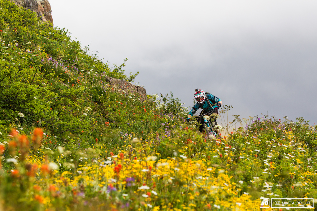 Nathan Riddle charging through the flowered slopes of the Siler Star trail.