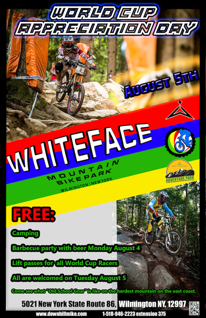 Whiteface is located 1 2 way between Mont- Sainte- Anne and Windham and only 40 minutes off of Interstate 87. If you like long runs of Old School Gnar free camping free barbecue and free beer please check us out next week.