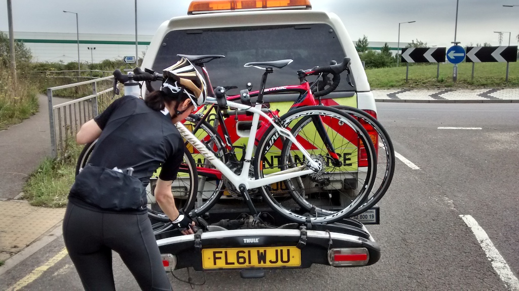 unloading bikes from the free transport provided for all cyclists through the Dartford Tunnel to cross the river!
