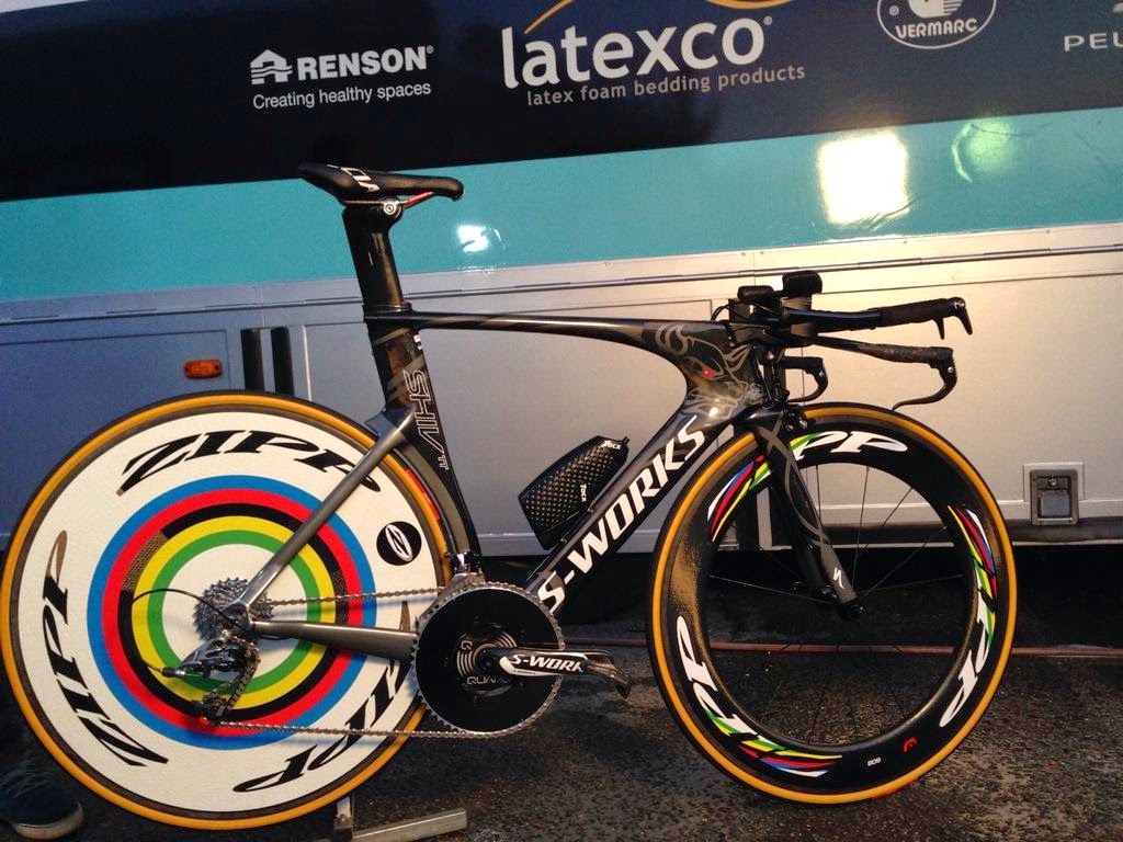 Tony Martin's time trial speed machine with a massive 58 x 11t gearing...The World Champion's Shiv is no ordinary time trial machine, with an 11-32 WiFli cassette fitted along with the long cage Red rear derailleur...

Photo: © Robin Wilmott / Immediate Media