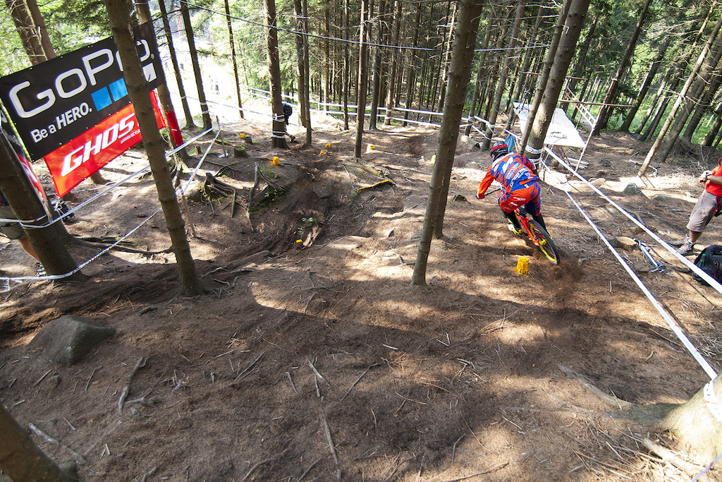 during qualification for round 5 of the 4X Pro Tour at JBC Bike Park, Jablonec, Czech Republic. 25July,2014 Copyright Charles Robertson