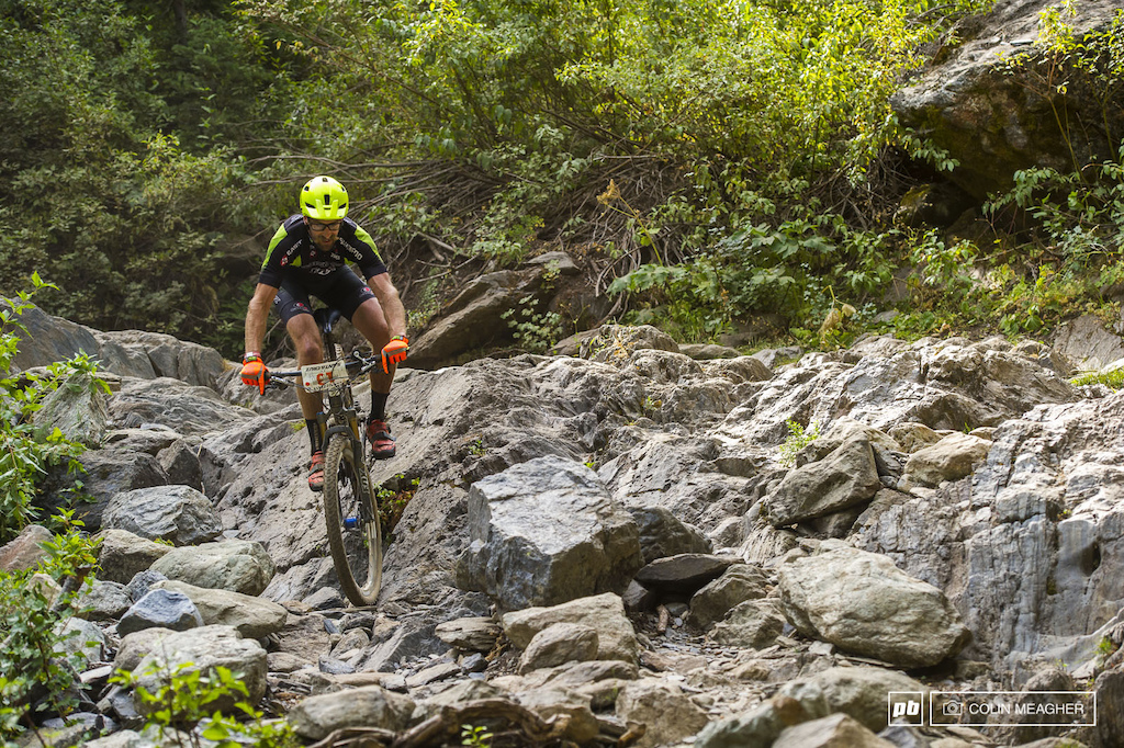 The Waterfall feature on the Downhill is the make or break feature of the downhill portion of the all mountain race. In wet years, it quite literally is a waterfall with minimal line choice. But on a dry year, guys like Scott Chapin can take full advantage of the inside line.