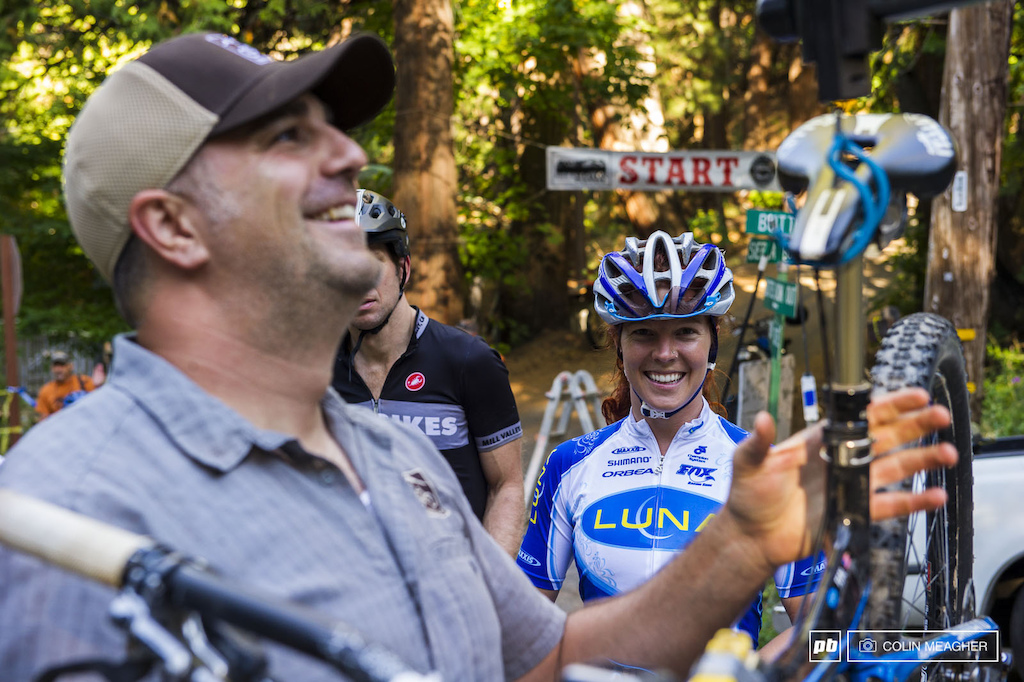 Teal Stetson Lee of Luna Chix getting her grin on for weigh in at the start of the Downieville All Mountain race. The rules are simple: to race the all mountain category--meaning you get to race the Downieville Classic DH course on Day 2 of the Downieville Classic, you must race the XC race on Day 1, and your bike must weigh the same both days.