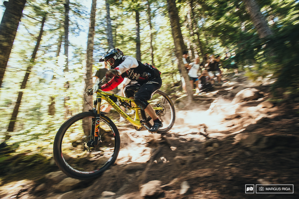 Local rider Jesse Melamed was the star of the morning. He wiped out three times on the first stage and still managed fifth. Then he won the second stage, his first ever EWS stage win.
