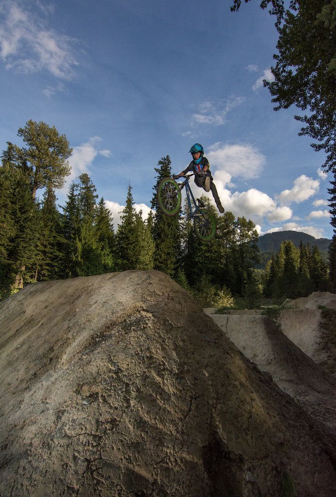 Lukas Halahan (10 yrs), making the trip from Pittsburgh, PA to Whistler, BC for Crankworx 2014. Lukas is sporting his Lil Shredder prototype 24-Inch frame, extending those feet with a no-footed can-can at the dirt jumps.