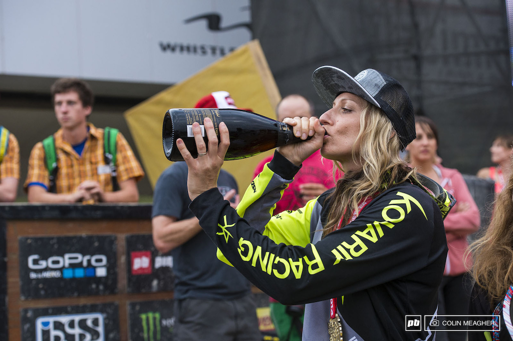 Claire Buchar puckering up to a big bottle of bubbly--that and a fat check for the win means drinks are on Buchar tonight in Whistler Village.