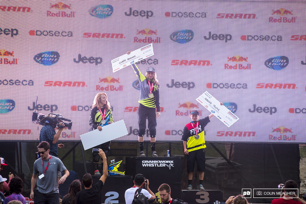 The Women s pro field had their start times moved up by ten minutes meaning the entire pro women s class went by before fellow PB shooter Margus Riga and I were set up. Apologies to women s racing fans for nothing but a podium shot Casey Brown 2 Claire Buchar 1 and Swiss Miss Lorraine Truong 3 .