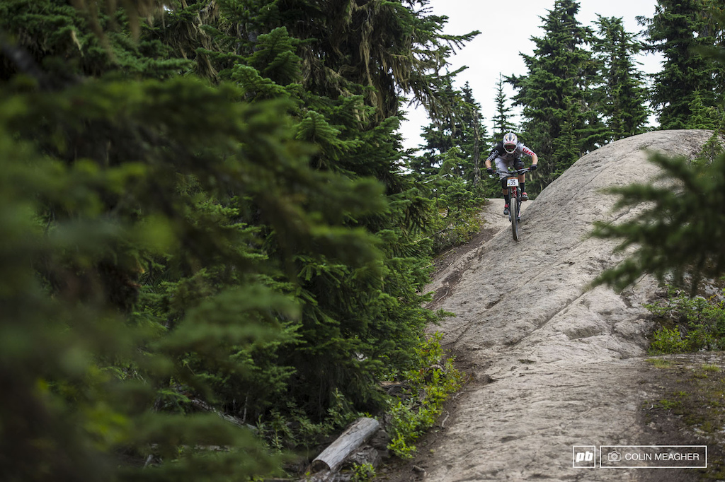 Walker Shaw trying to hold onto the off camber rocks in the upper portion of the Garbo DH track. Somewhere farther down the track something went sideways though Shaw was out of the top twenty.