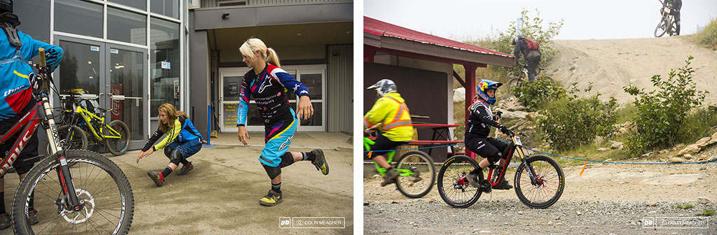 Two approaches to getting the game face on: on the left, Casey Brown and Tracy Hannah keeping it light during their warm up for the race; on the right, Jill Kintner going into racer mode, spinning the pedals backwards while leaning on a post--an old racer's trick to keep the legs warmed up when one can't spin on a trainer.