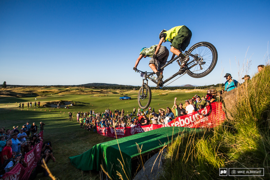 Lev Stryker &amp; Henry Abel jump a custom Calfee Designs tandem with an Ellsworth rear end during the 2014 Blitz 2 The Barrel invite-only $20,000 race in Bend, Oregon.  Check out the story link to see more about this leap.