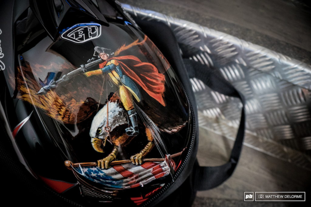 Perhaps the most bad ass helmet yet seen. Troy Lee Designs hand painted a lid for young gun Luca Shaw. Yes, it's George Washington with a rocket launcher, riding an eagle with an American flag in its talons.