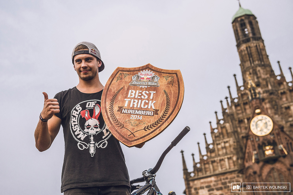 Thumbs up from the Nuremberg. Szymon Godziek slayed one of the biggest jumps of the FMB World Tour with the over-extended backflip tsunami.