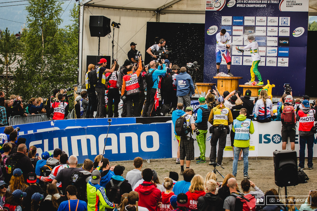 The Men's podium, minus one celebrates in Hafjell.