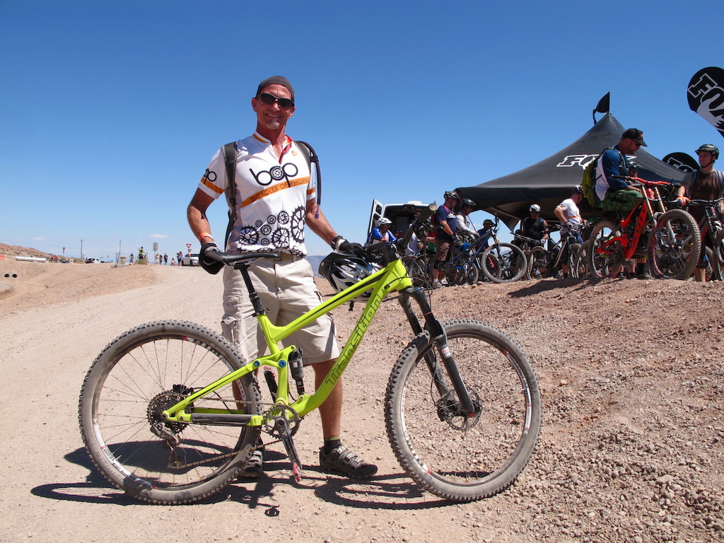 When the owners (Joe and Laura Mancuso) from Bicycles of Phoenix told Tom Howcroft (pictured) that they had a spot for Interbike, he jumped at the chance to to get out here and test ride the 2015 offerings like this new steed from Transition. Being from Phoenix, Arizona, Tom was more than used to the desert heat and smiling lap after lap.