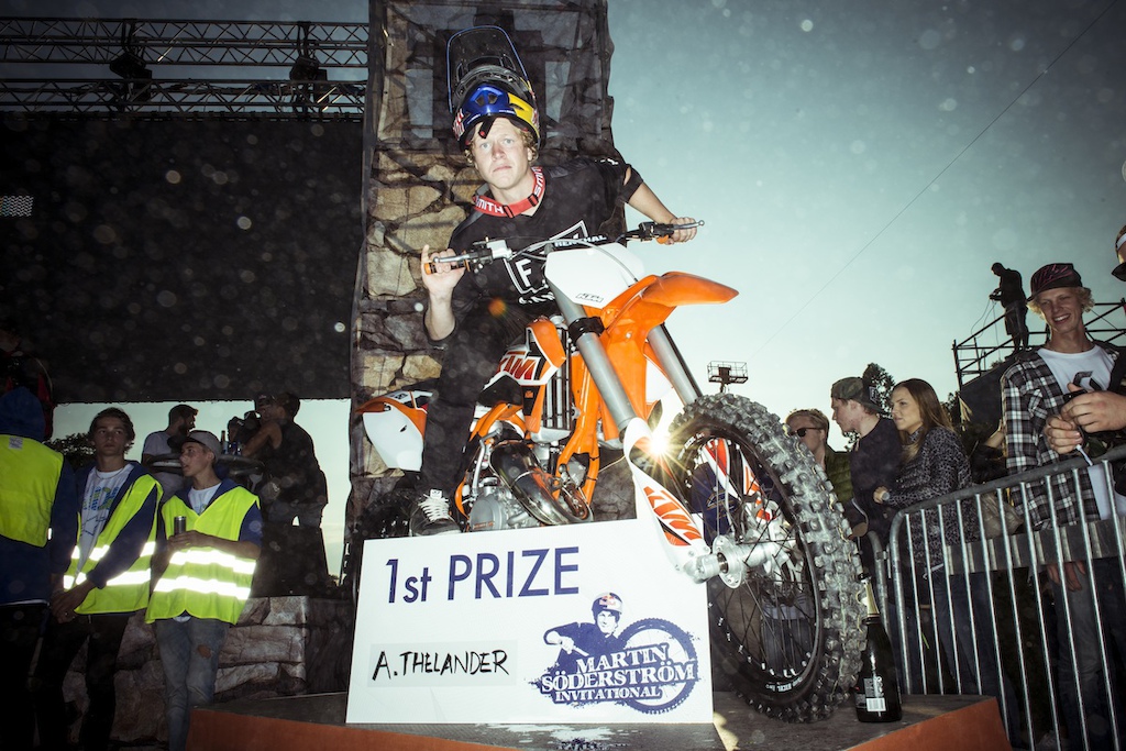 Anton Thelander poses for the camera on top of his new KTM after winning Martin Soderstrom invitational.