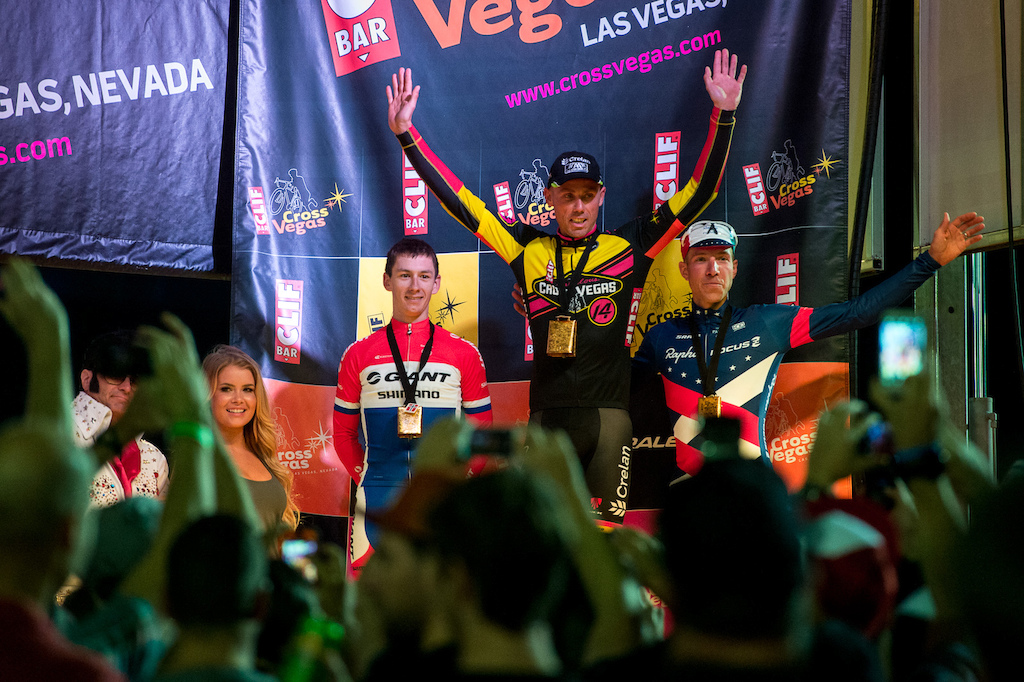 The mens podium from Cross Vegas 2014. Sven Nys Lars Van der Haar and Jeremy Powers.